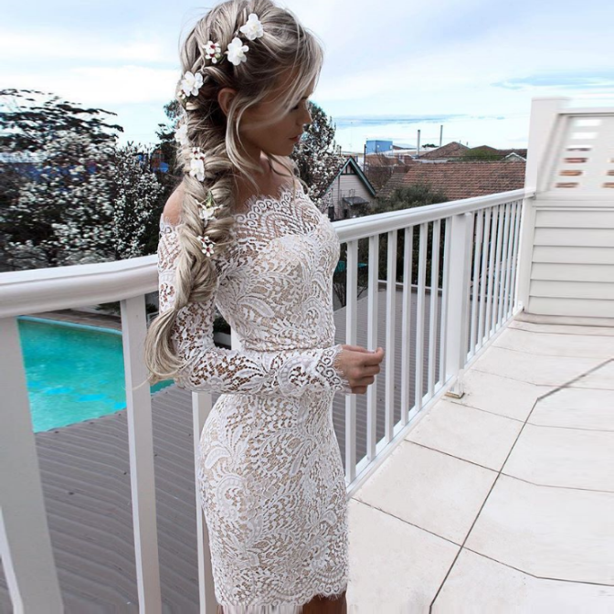 Tight Off-the-Shoulder Long Sleeves White Lace Homecoming Cocktail Dress - Click Image to Close