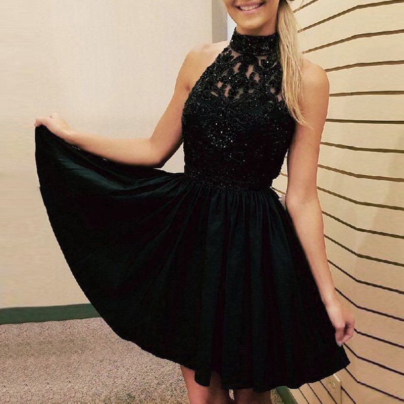 A-Line High Neck Black Chiffon Short Homecoming Dress with Beading Appliques