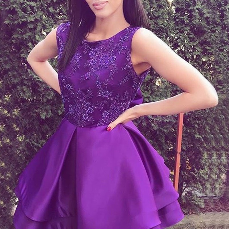 A-Line Bateau Short Purple Open Back Homecoming Dress with Beading Appliques