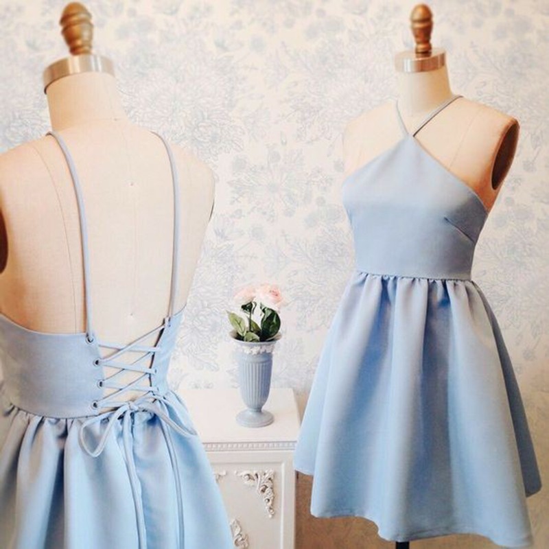A-Line V-Neck Short Lace-up Blue Satin Homecoming Dress
