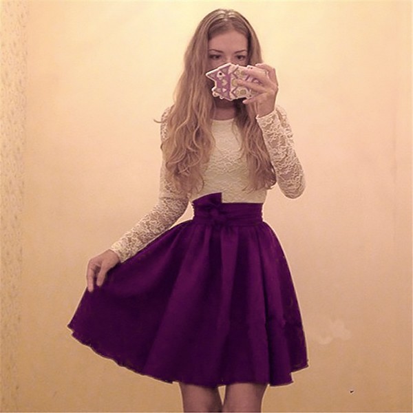 A-Line Round Neck Long Sleeves Purple Short Chiffon Homecoming Dress with Lace