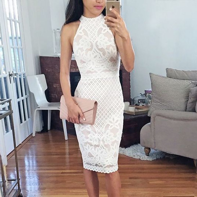 Bodycon Round Neck Knee-Length White Lace Homecoming Dress