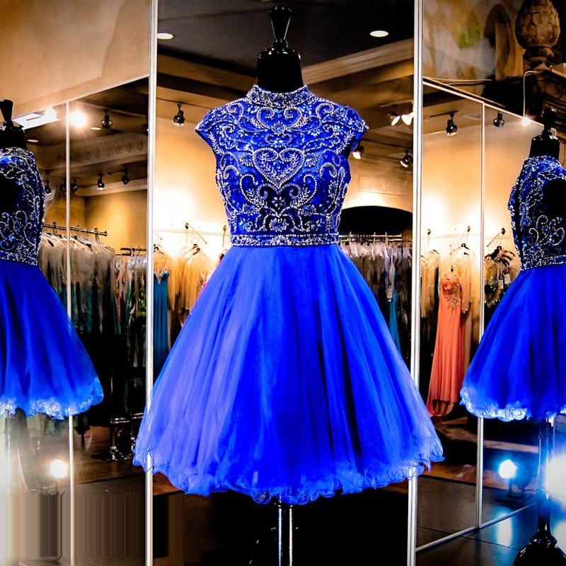 A-Line High Neck Short Royal Blue Tulle Homecoming Dress with Beading