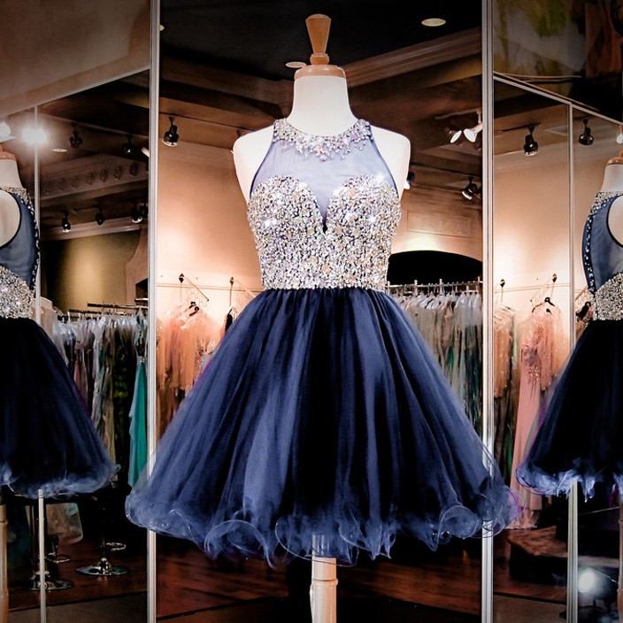 A-Line Round Neck Dark Blue Short Tulle Homecoming Dress with Beading