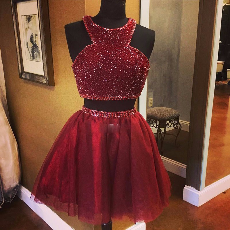 Two Piece Round Neck Short Burgundy Tulle Homecoming Dress with Beading