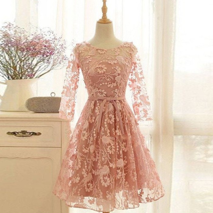 A-Line Bateau 3/4 Sleeves Short Pink Lace Homecoming Dress with Sash