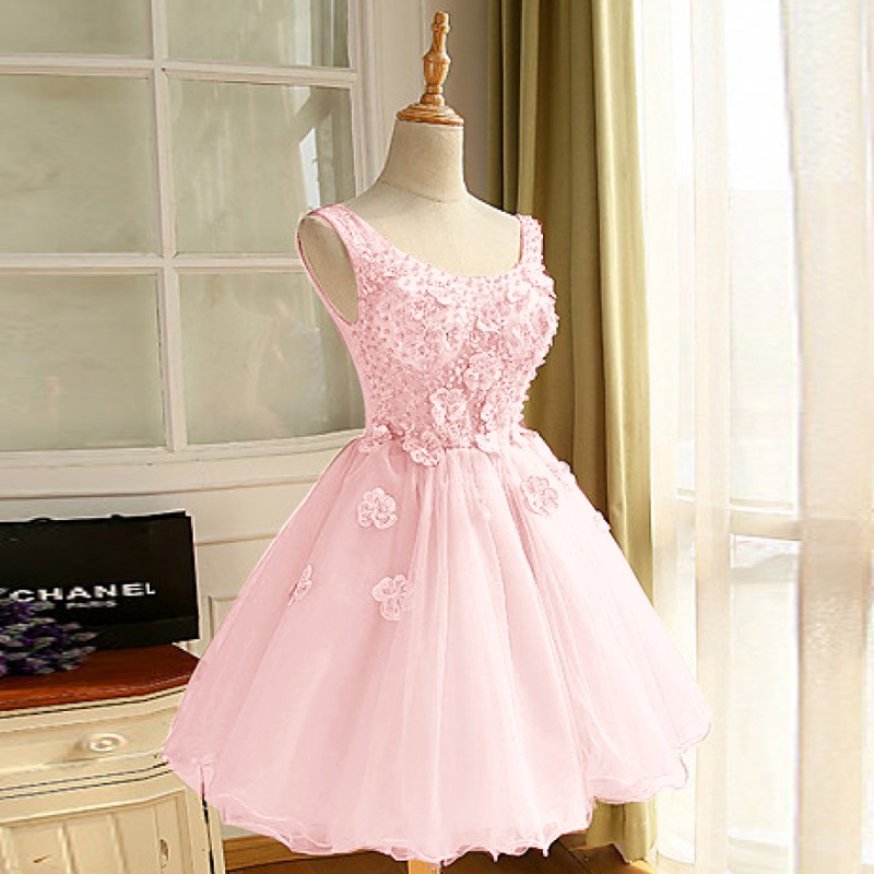 Ball Gown Bateau Short Pink Organza Homecoming Dress with Beading Appliques