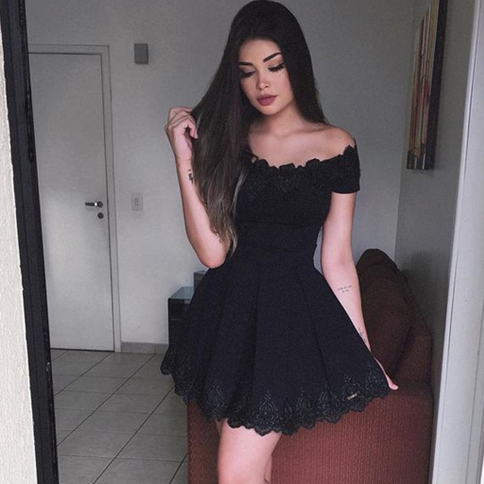 A-Line Off-the-Shoulder Little Black Satin Homecoming Dress with Appliques