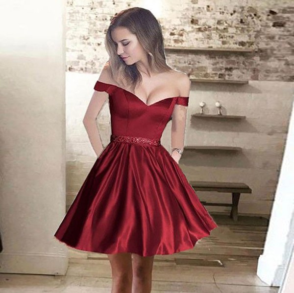 A-Line Off-the-Shoulder Short Satin Homecoming Dress with Beading Pockets