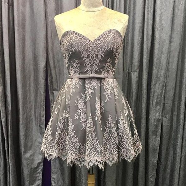 A-Line Sweetheart Short Dark Grey Satin Homecoming Dress with Appliques