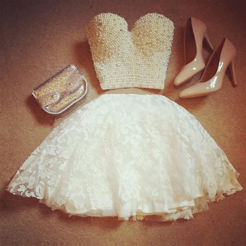 Two Piece Sweetheart Short White Lace Homecoming Dress with Pearls