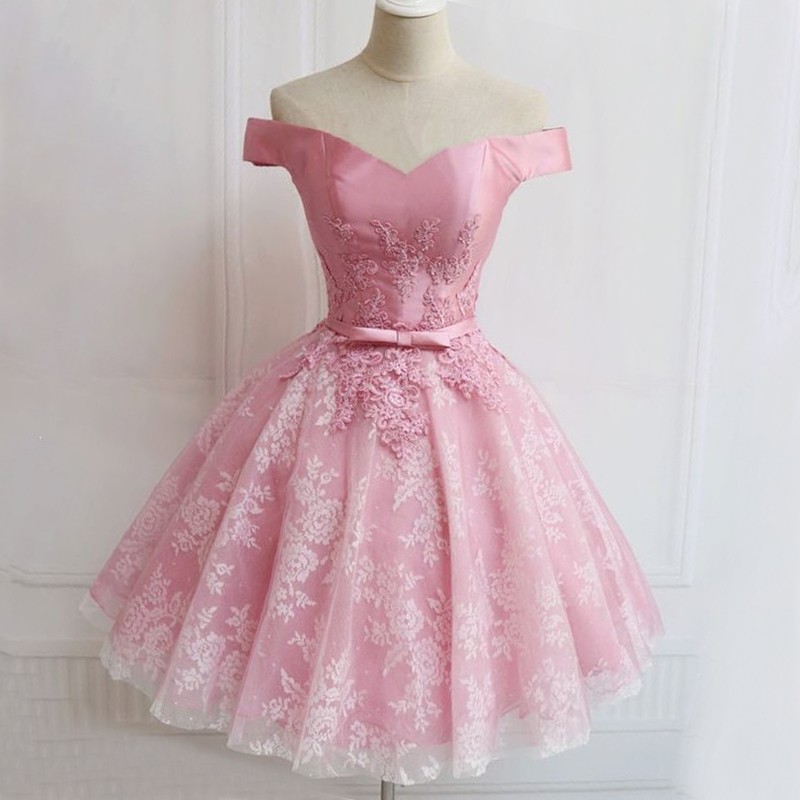 Ball Gown Off-the-Shoulder Short Pink Homecoming Dress with Appliques Sash