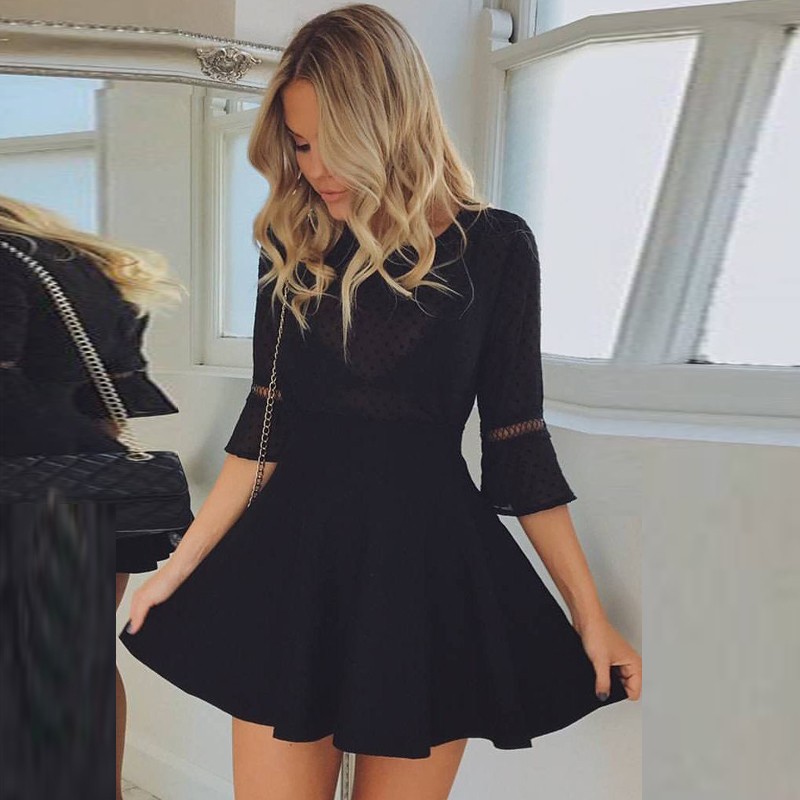 A-Line Jewel Pagoda Sleeves Little Black Dress with Lace
