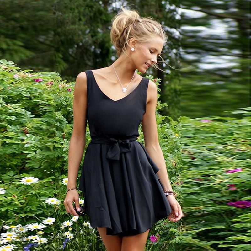 A-Line V-Neck Backless Polyester Little Black Dress with Sash
