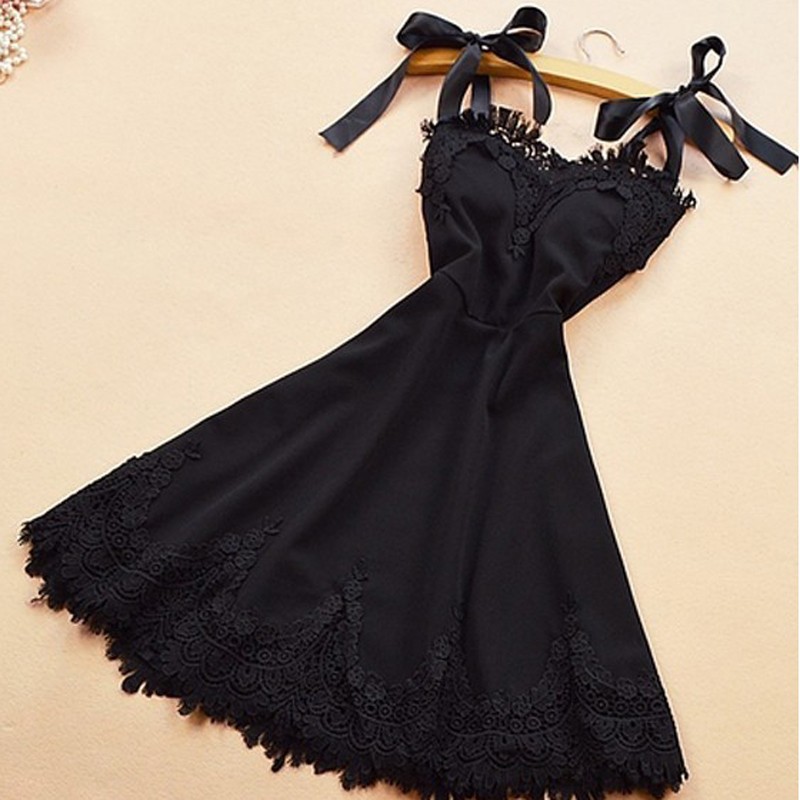 A-Line Straps Elastic Satin Little Black Dress with Lace