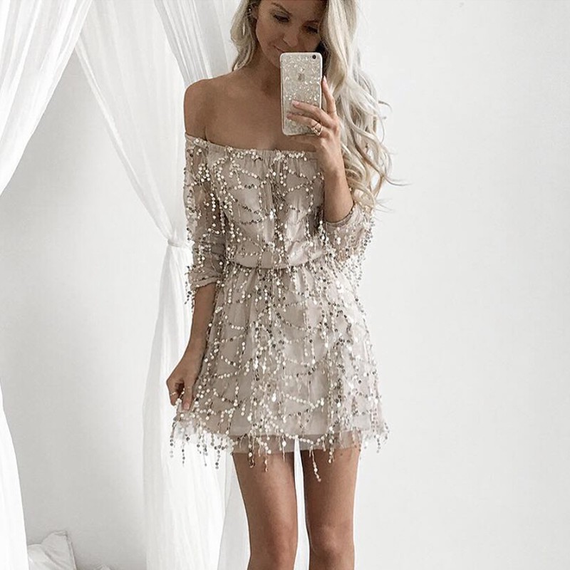 A-Line Off Shoulder Long Sleeves Short Light Champagne Sequined Homecoming Dress