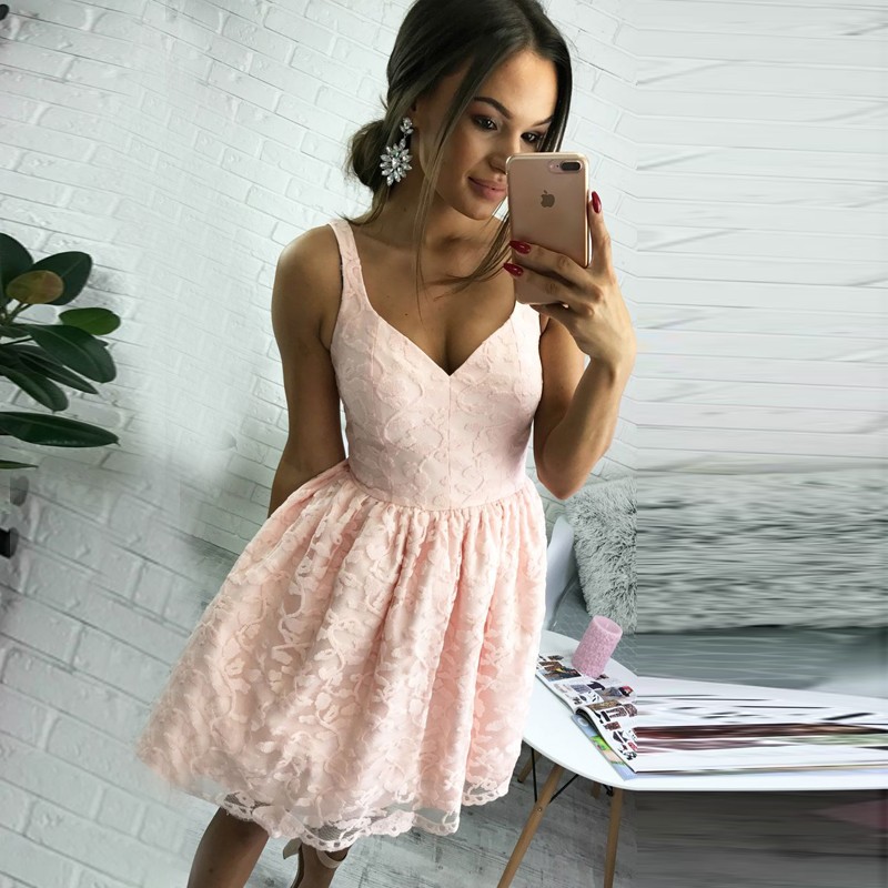 A-Line V-Neck Short Pearl Pink Lace Homecoming Dress
