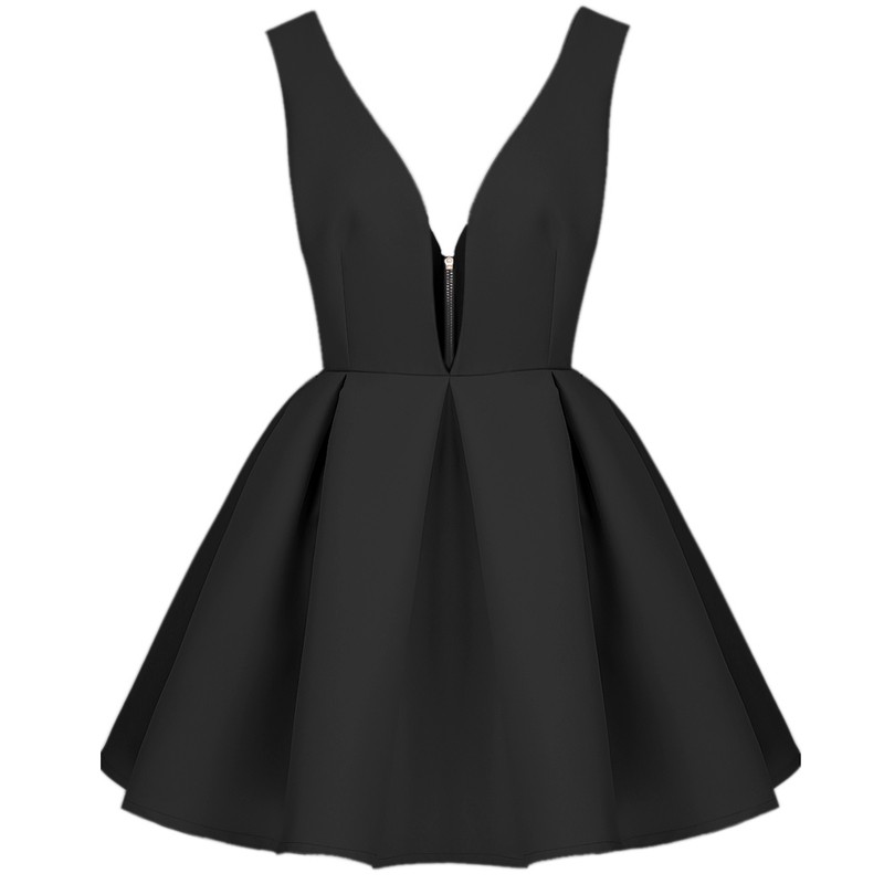 A-Line Deep V-Neck Satin Little Black Dress