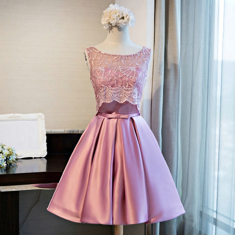 A-Line Bateau Open Back Pink Satin Homecoming Dress with Lace