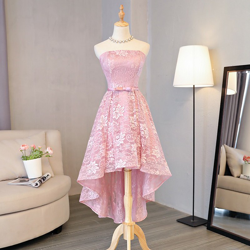 High Low Strapless Pink Lace Homecoming Dress with Sash