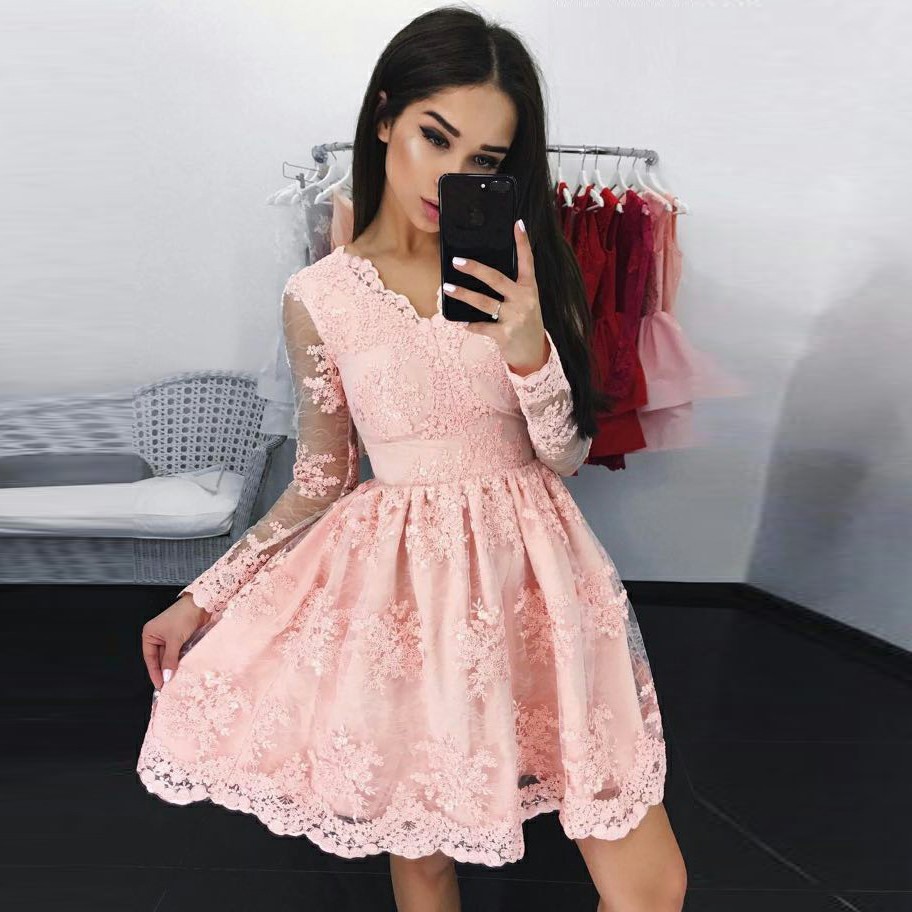 A-Line V-Neck Long Sleeves Short Pink Lace Homecoming Dress with Appliques