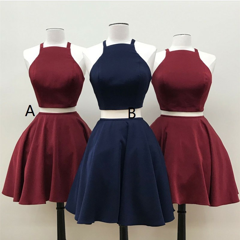 Two Piece Square Short Burgundy/Navy Blue Homecoming Dress Lace-up