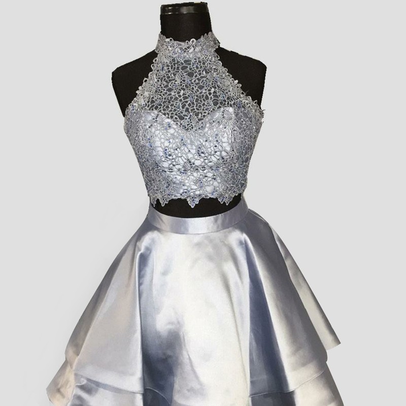 Two Piece High Neck Open Back Silver Satin Homecoming Dress with Lace