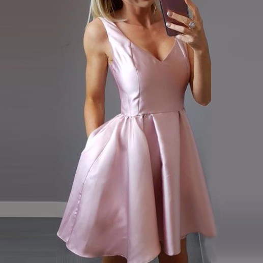 A-Line V-Neck Short Pink Satin Homecoming Dress with Pockets - Click Image to Close