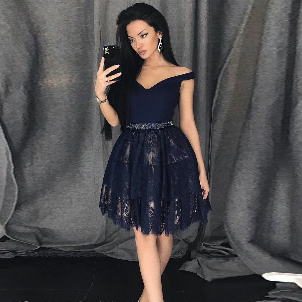 A-Line Off-the-Shoulder Short Navy Blue Lace Beaded Homecoming Dress