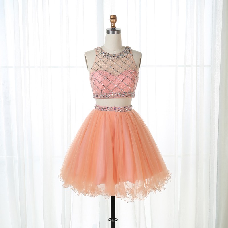Two Piece Bateau Short Peach Tulle Homecoming Dress with Beading