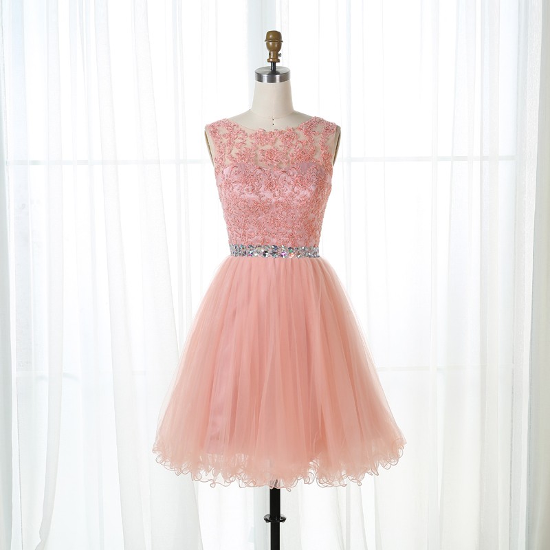 A-Line Bateau Open Back Short Pink Tulle Appliques Homecoming Dress