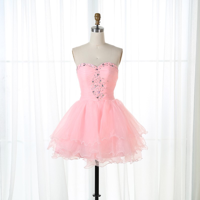 A-Line Sweetheart Short Sleeveless Pink Organza Beaded Homecoming Dress