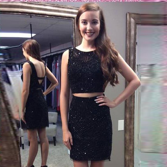 Sheath Two Piece Short Black Round Neck V-Back Beaded Homecoming Dress - Click Image to Close