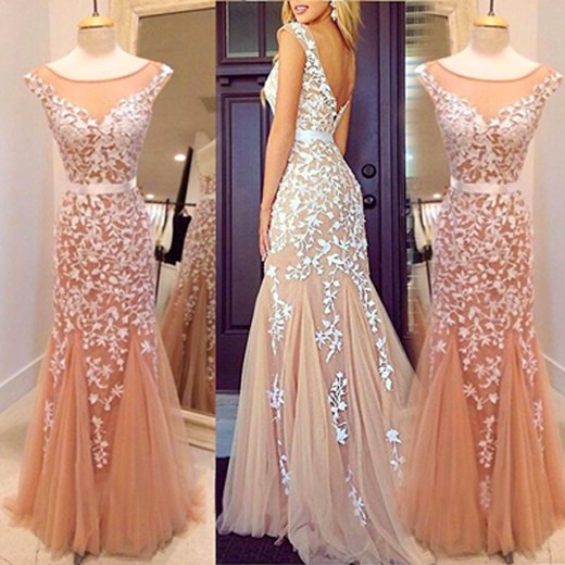 Luxurious Floor Length Tulle Scoop White Mermaid Prom Dress With Appliques - Click Image to Close