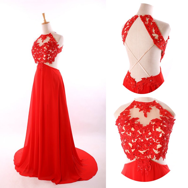 Elegant A-Line Floor Length Chiffon Scoop Backless Red Prom Dress With Appliques