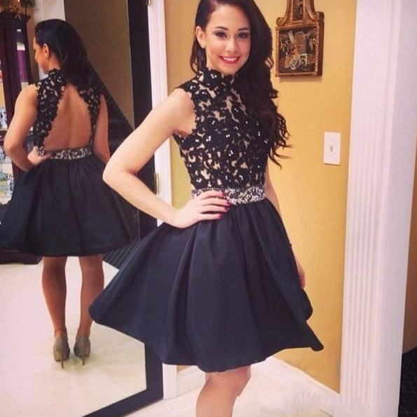 Beautiful Sheath High Neck Hollow Black Homecoming/Cocktail/Prom Dress With Appliques