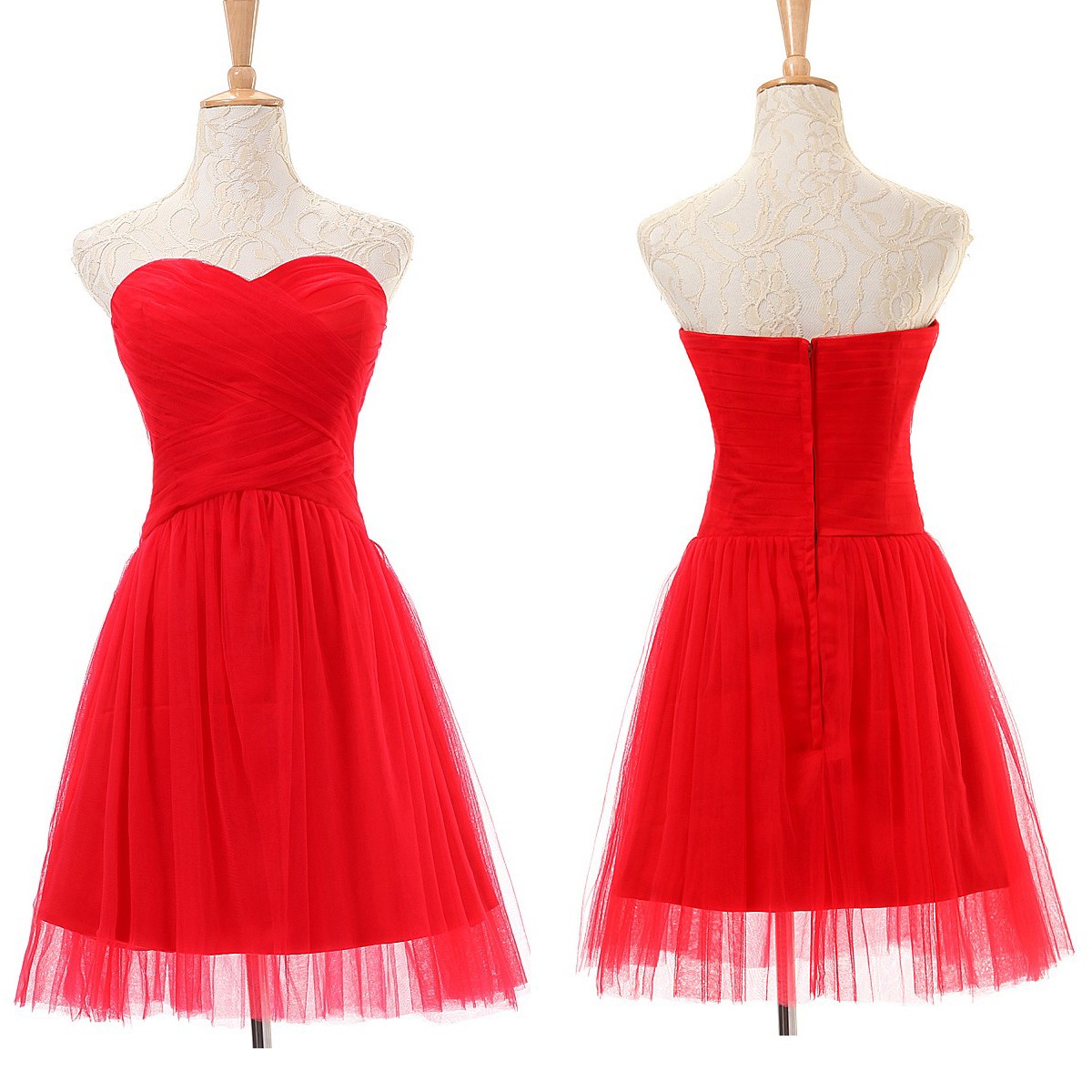 Luxurious A-Line Sweetheart Knee Length Tulle Red Prom Dress With Ruched