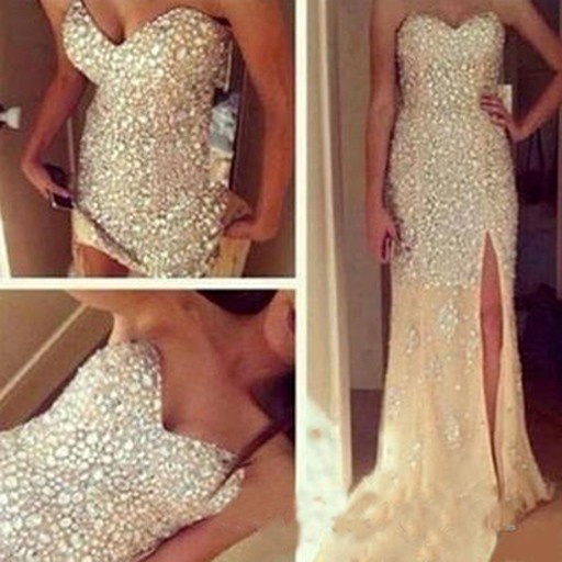Elegant A-Line Sweetheart Long Chiffon Gold Prom Dress With Beaded