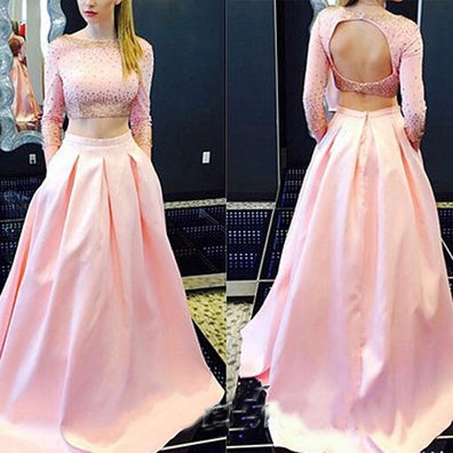 Luxurious A-Line Jewel 3/4 Sleeves Long Backless Satin Pink Prom Dress With Sequins - Click Image to Close