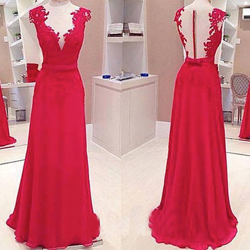 Luxurious A-Line Jewel Floor Length Chiffon Red Prom Dress With Lace