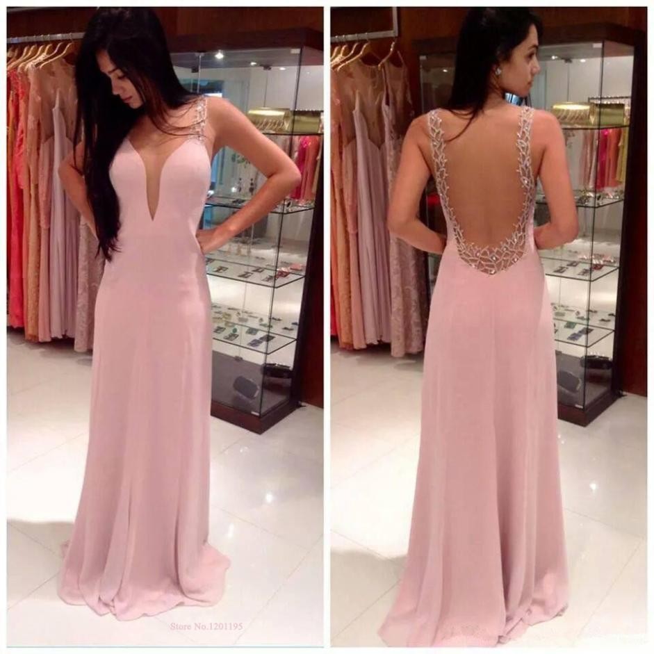 Simple A-Line V neck Floor Length Backless Pink Prom Dress With Lace