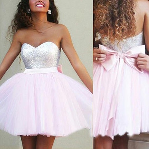 Hot Ball Gown Sweetheart Short Tulle Pink Prom Dress With Sequins
