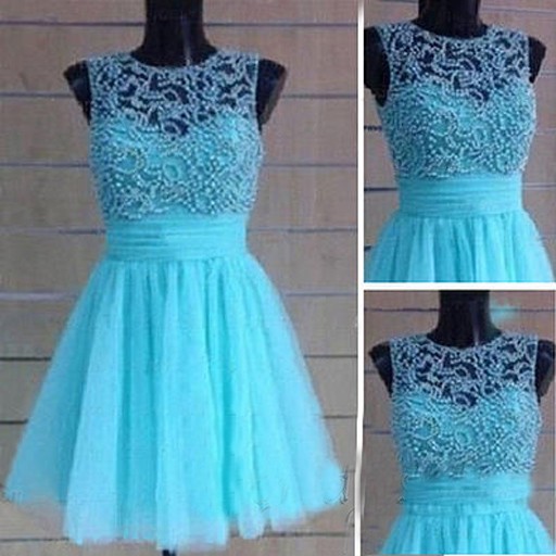 Hot A-Line Jewel Short Tulle Blue Prom Dress With Beading - Click Image to Close