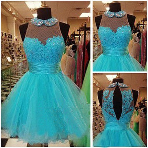 Cute A-Line High Neck Short Tulle Blue Prom Dress With Lace - Click Image to Close