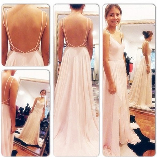 Sexy V-neck A-Line Empire Chiffon Pink Backless Prom Dress With Pleats