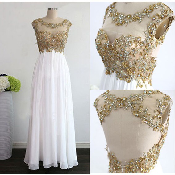 Dramatic A-Line Jewel Backless Chiffon White Long Prom Dress With Appliques
