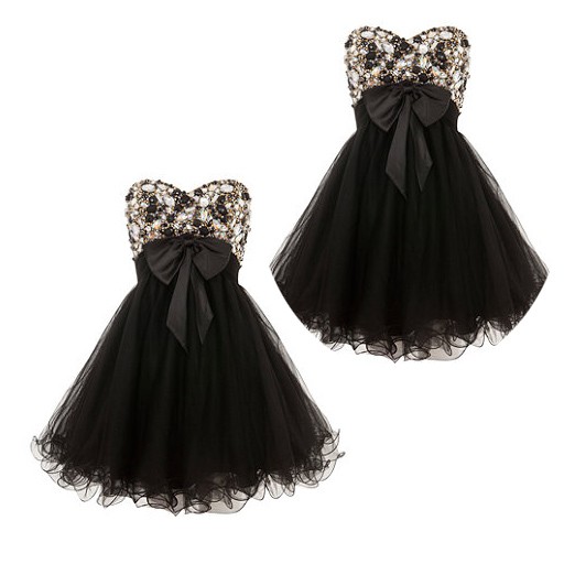 Sweetheart A-Line Empire Satin Short Black Prom Dress With Beading Sequins - Click Image to Close