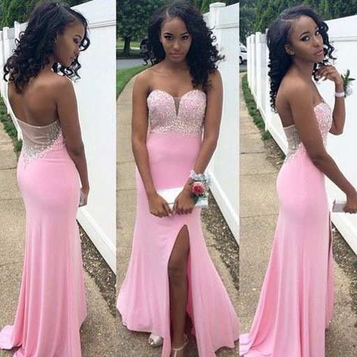 A-Line Sweetheart Floor Length Chiffon Backless Pink Prom Dress With Beaded