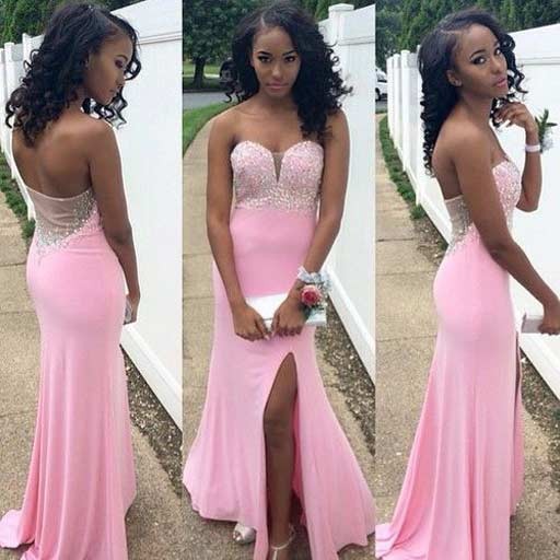 A-Line Sweetheart Floor Length Chiffon Backless Pink Prom Dress With Beaded - Click Image to Close