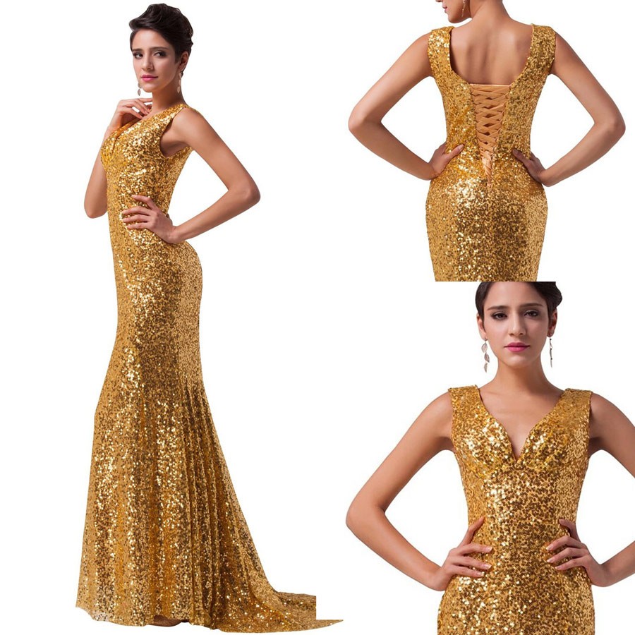 Elegant Sheath V-Neck Sweep Train Gold Prom Dresses with Sequins